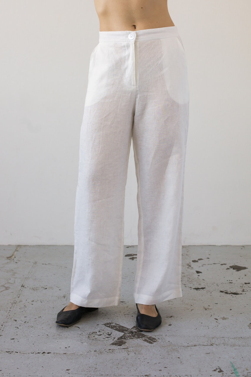 Lněné kalhoty off-white bílá