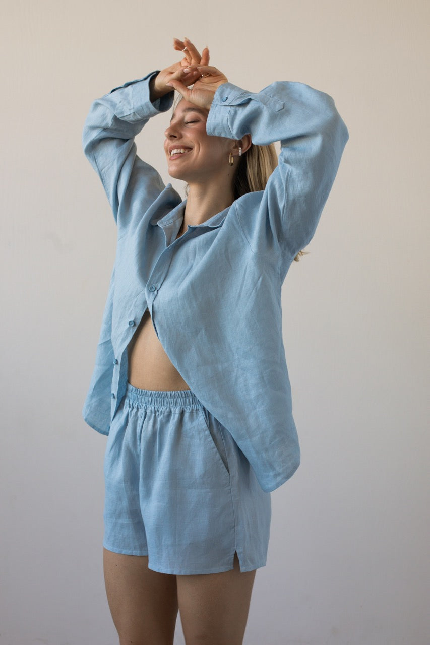 Lněné šortky sky blue
