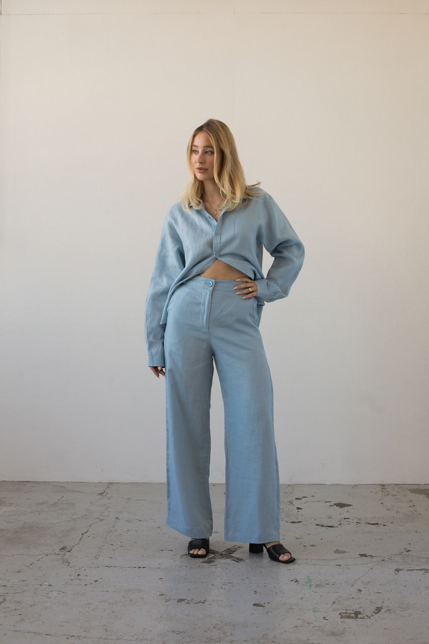 Lněné kalhoty sky blue